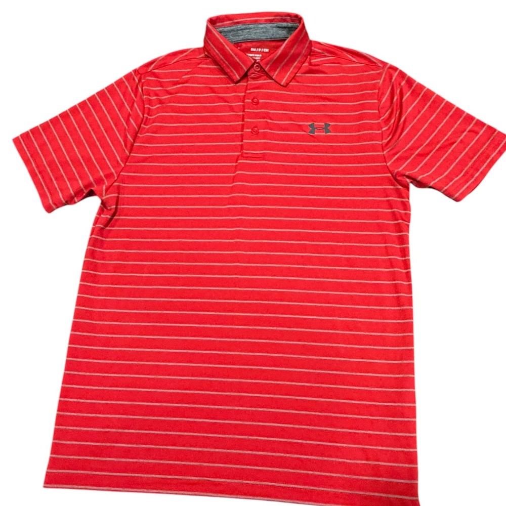 Under Armour Playoff Polo Men Small Red Excellent Loose Fit Striped HeatGear
